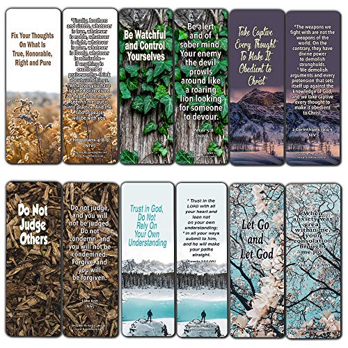 Bible Verses Bookmarks About Focus on God to Empty Out Negative Thoughts (60 Pack) - Perfect Giftaway for Sunday School and Ministries