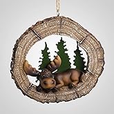 Lipco Moose in Tree Slice Ornament, 6.70 inches, Polystone, Metal, Home, Home Décor