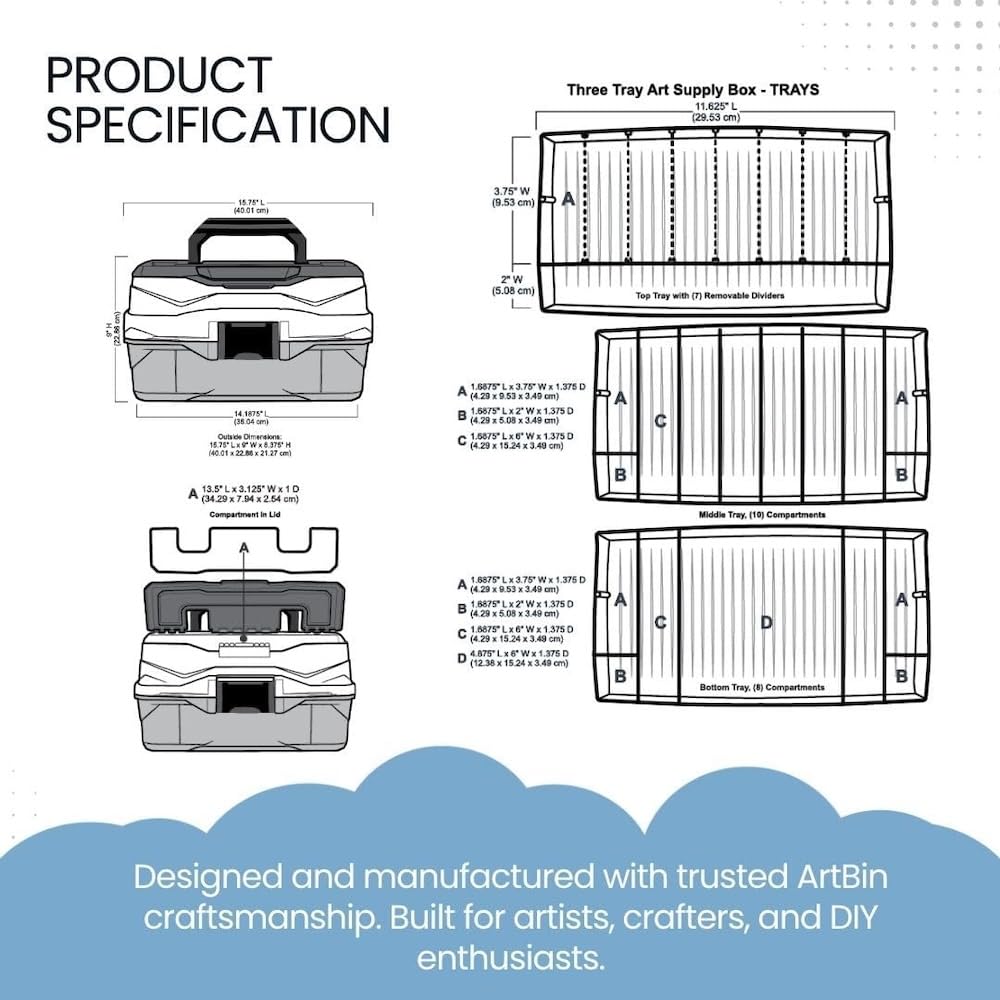 ArtBin 3-Tray Art Supply Box Versatile Organizer for Brushes, Paints, Stamps, and More - Durable Hard Plastic, Secure Closure, Portable with Top Trays and Dividers
