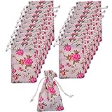 BCP Pack of 20pcs 3.5 X 6 Inch Roses Pattern Double Drawstring Linen Bags Burlap Drawstring Bag/ Gift Bag Pouch for Party / Wedding