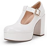 Coutgo Womens' T-Strap Round Toe Chunky Platform Heels Patent Mary Jane Dress Shoes