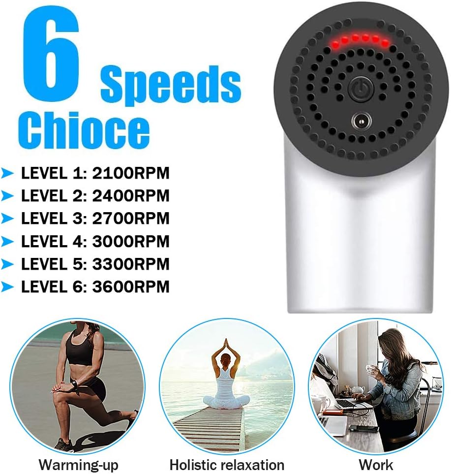 Deep Tissue Percussion Massage Gun for Athletes, 6 Adjustable Speed 4 Detachable Head, Super Quiet Portable Cordless Handheld Massager Gun for Muscles Deep Relaxation，Pain Relief(Silver): Health & Personal Care