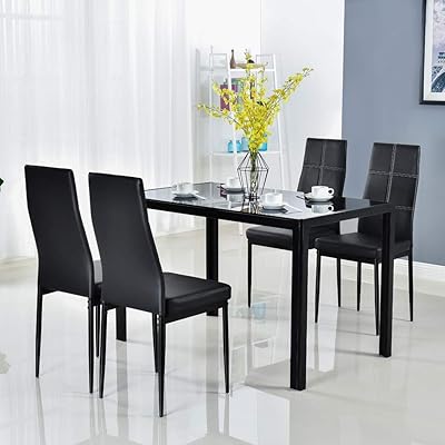 Bonnlo 5-Piece Black Dining Set with Glass Table and 4 Chairs