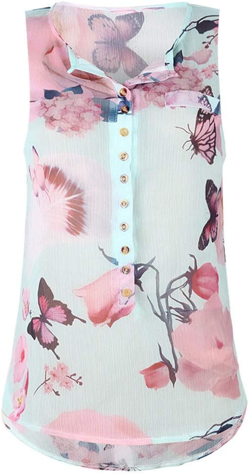 Women's Summer Sleeveless Loose Button Printed Chiffon Top Blouse Tunic Tee Top Sleeveless Vest Casual Comfy Soft Solid Floral Slouchy Tank