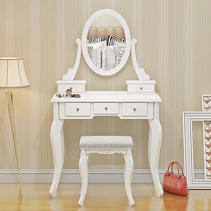 Paldin White Dressing Table Modern Makeup Table 5 Drawer Vanity Dresser Set With Stool Oval Mirror Bedroom Dresser White