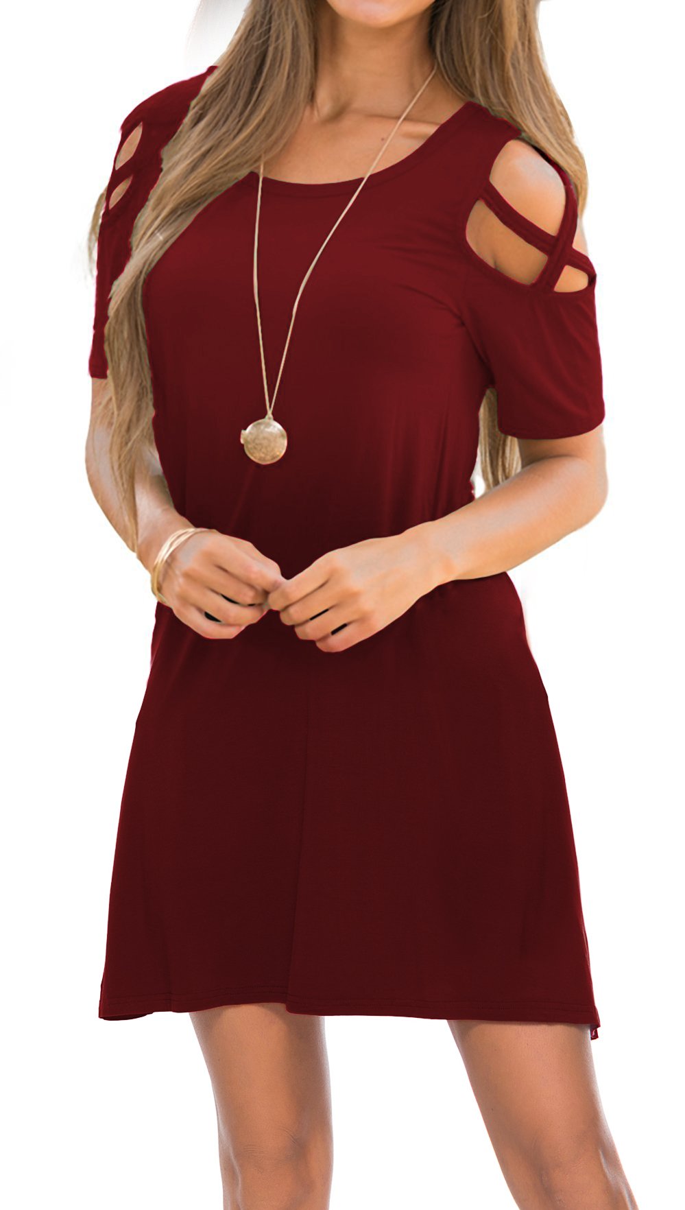 Womens Short Sleeve Cold Shoulder Dresses Pockets Strappy Casual T Shirt Dress Burgundy L
