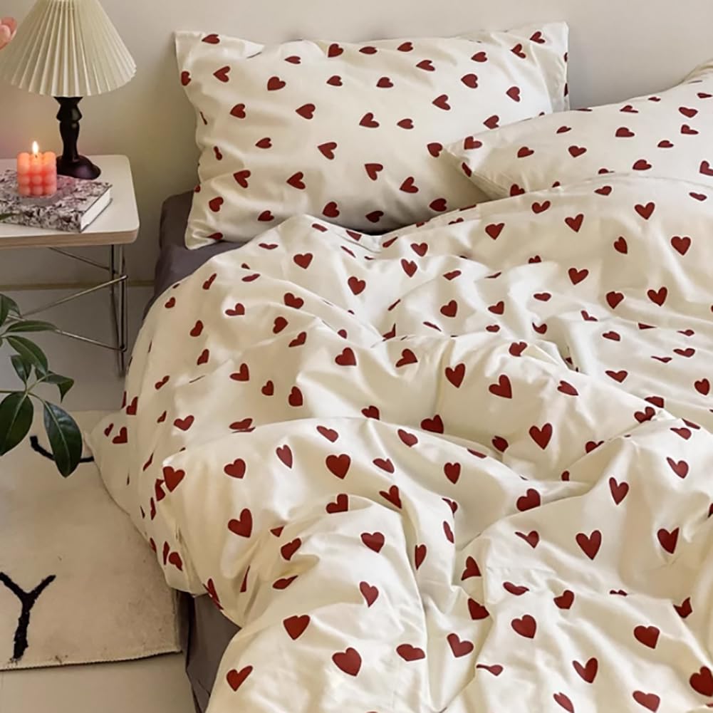 Michorinee Single Duvet Cover Set for Kids Girls 2pcs Cute Red Heart Bedding Set with Pillow Case Breathable & Soft Microfiber Quilt Cover Zipper