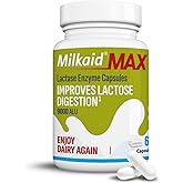 Milkaid Max Capsules for Lactose Intolerance Relief with Lactase Enzyme, Dietary Supplement to Help Prevent Gas, Bloating & Diarrhea Due to Lactose Sensitivity | 9000 ALU (60 Capsules, Unflavored)