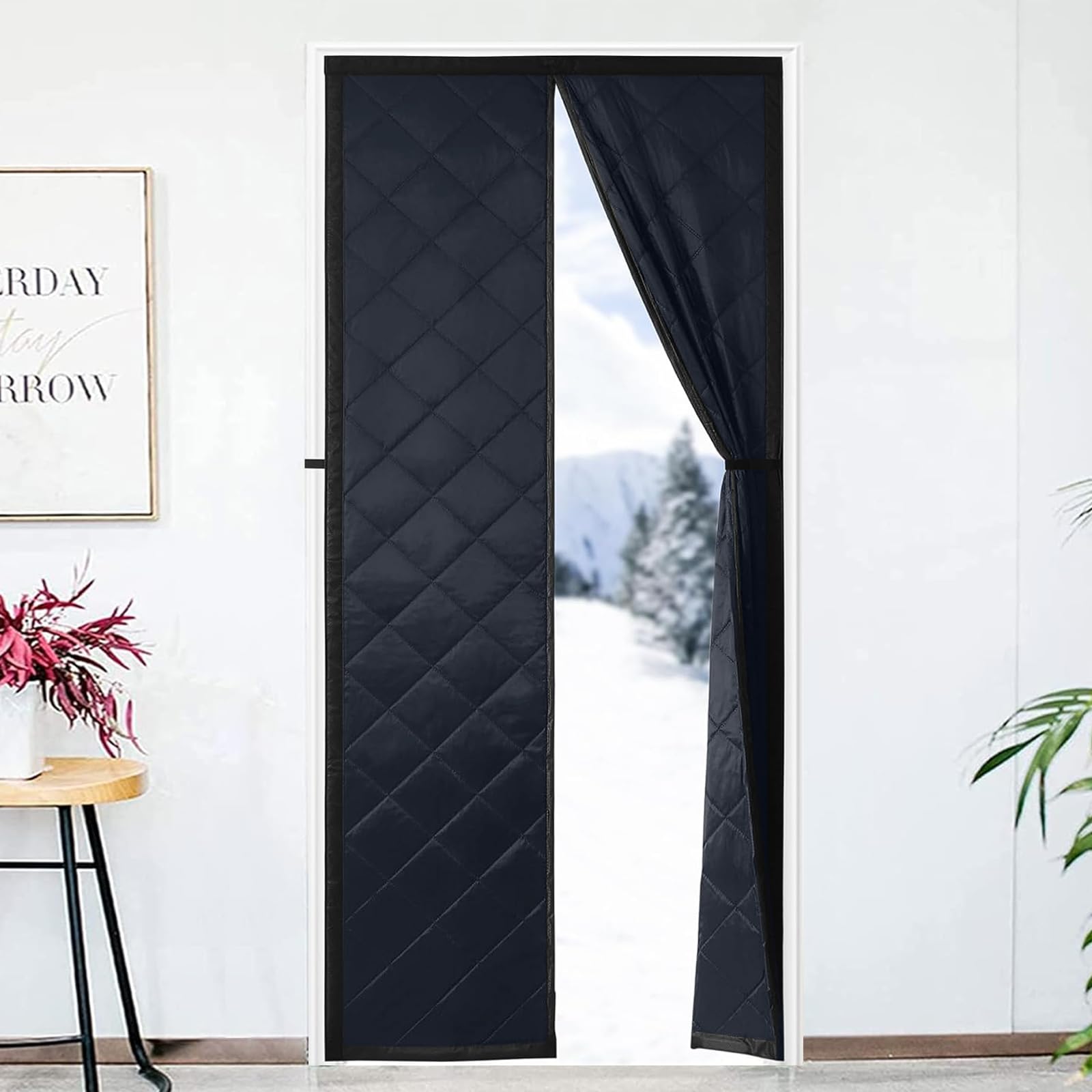 FEGO Thermal Insulated Door Curtain Fits Frame Size 32"x82", Magnetic Thermal Door Curtain, Thicken Polyester Fiberfill&Oxford Fabric for Windproof, Keep Warm in Winter, Privacy Protection&Self-Close Image