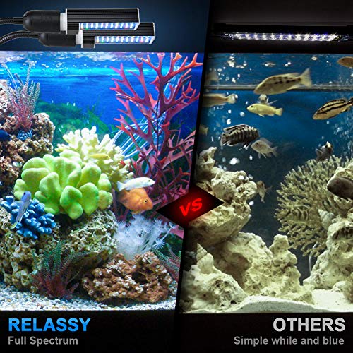 Relassy Led Aquarium Light, Led Reef Coral Light with Dual Replaceable E27 Bulb, Adjustable Clip On Seawater Aquarium Light Dimmable for Freshwater Seawater Fish Coral Aquatic Plant Growth