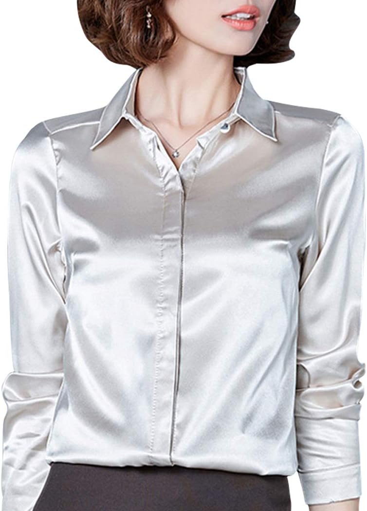 Women's Silk Blouse Long Sleeve Lady Shirt Casual Office Work Blouse Shirt Tops