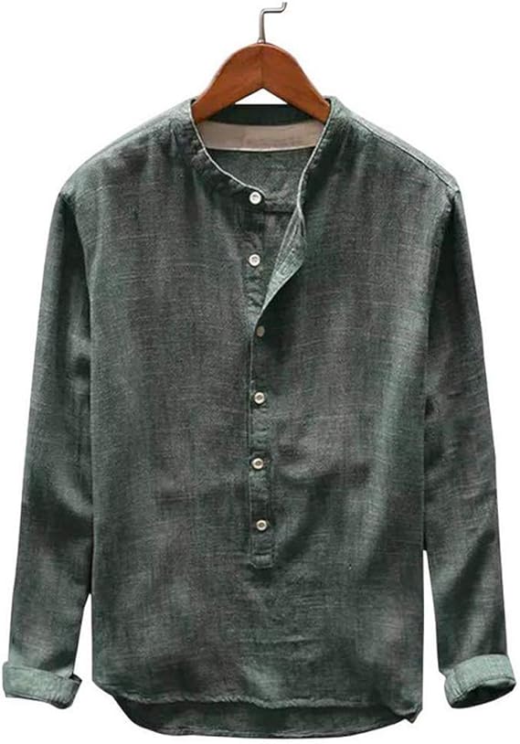 Long Sleeves Cotton Linen for Men, Mens Plus Size Henley Casual Button