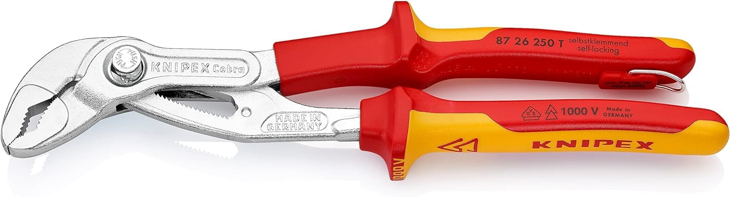 KNIPEX Cobra VDE High-Tech Water Pump Pliers, Insulated Chrome-Plated Insulated with Multi-Component Grips with Integrated Insulated, 87 26 250 T