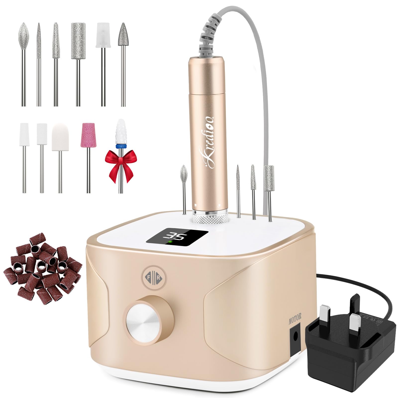 Kredioo Nail Drill 35,000RPM, Electric Nail File for Acrylic and Gel Nails, Professional Nail Drill Machine, Manicure Pedicure Kit with 11 Bits, LCD Display, Touch Button (Gold)