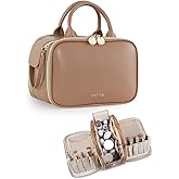 Prite Makeup Bag for Women, Large Capacity Waterproof Travel Cosmetic Organizer, Portable Open Flat Toiletry Bag with Free-standing Brush Holder and Handle(Brown Medium)