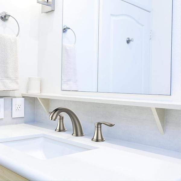 BATHROOM SINK FAUCET, FAUCET FOR BATHROOM SINK, WIDESPREAD BRUSHED NICKEL BATHROOM FAUCET 3 HOLE WITH STAINLESS STEEL POP UP DRAIN AND CUPC LEAD-FREE HOSE – (BRUSHED NICKEL)