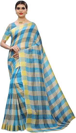Womens Chanderi Cotton Silk Blend Linen Style Saree with Blouse (Sky Blue