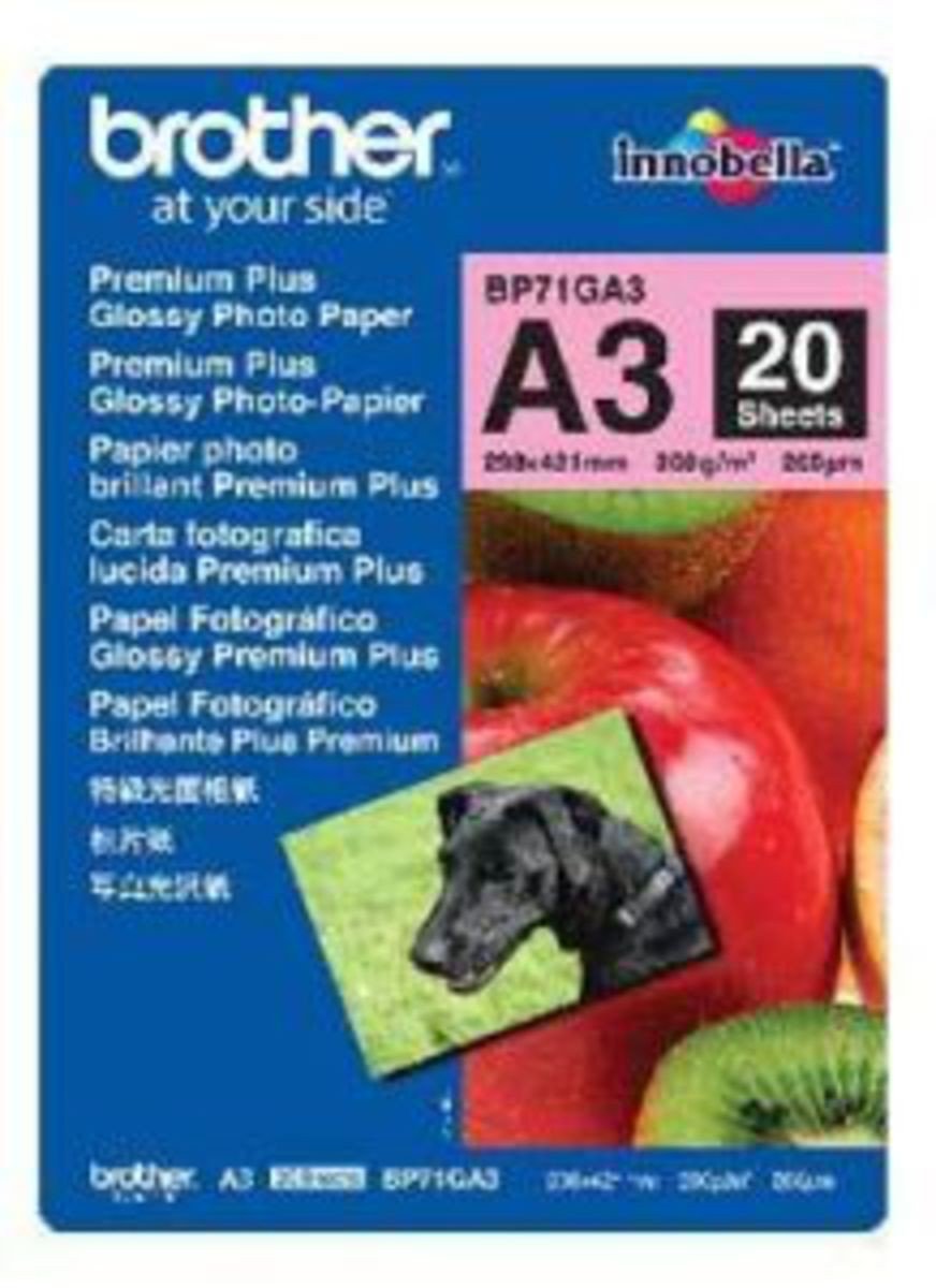 Brother BP71GA3 Photo Paper, A3, Premium Plus Glossy, 297mm (W) x 420mm (L), 20 Sheets, Brother Genuine Supplies
