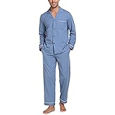 CF Mens Pajamas Set 100% Cotton Sleepwear Button Down Pj Sets Long Sleeve Lounge Set Soft Nightwear with Pockets & Front Fly