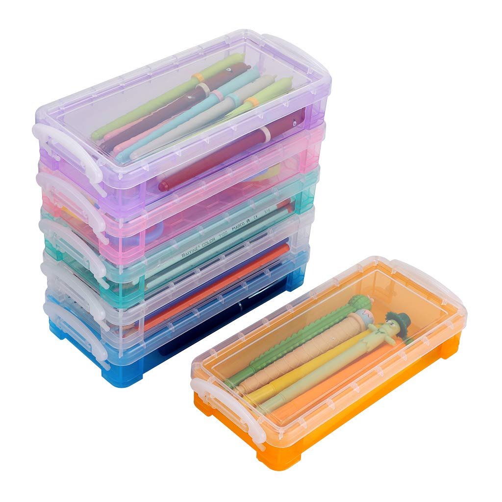 BSTKEY 6 Colors Stackable Translucent Pencil Boxes - Multifunctional Clear Plastic Storage Box Holder Organizer Office Home Container, Rose Red, Blue, Green, Purple, Orange, Clear