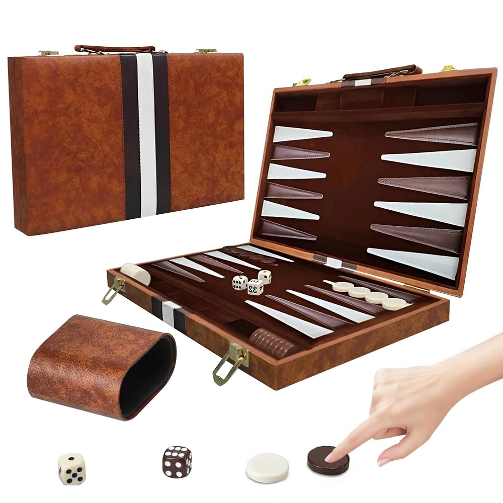 RNPKZ Backgammon Set, 11 Inch Portable Travel Backgammon Set with Premium Leather Case, Folding Classic BackgammonSets, 2 Players Classic Backgammons Board Game for Kids Adults Family Party (Brown)