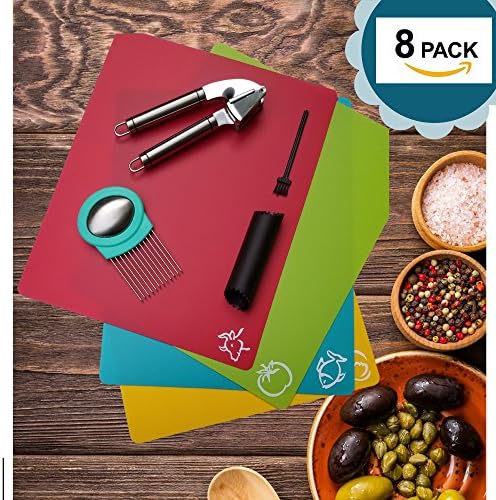 Thick Flexible cutting board Mats Combo with Garlic Press Set (Garlic Peeler &amp; Brush) and Onion Holder chopping board by Striped Butterfly (Blue)