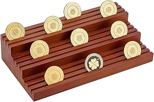AHANDMAKER Wooden Coin Display Stand Brown Challenge Coin Holder with 0.5cm Slots Three-Tier Rack Holds 40 Coin for Office De