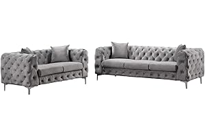 Morden Fort Velvet Couch Sofa Loveseat 2 Pieces Modern Furniture Set for Living Room Bedroom Office with Deep Button Tufting, Solid Wood Frame and Iron Legs-Silver Grey