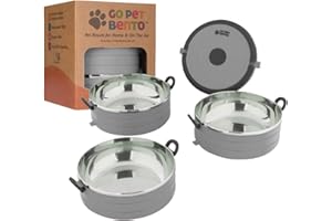 Healthy Human Travel Pet Bento Bowls - Human-Grade Stainless Steel & BPA-Free, Leak-Proof Water & Food Container Set for Dogs & Cats, 4-Pack Interlocking Bowls, Includes Spare Clips & Handle (Gray)