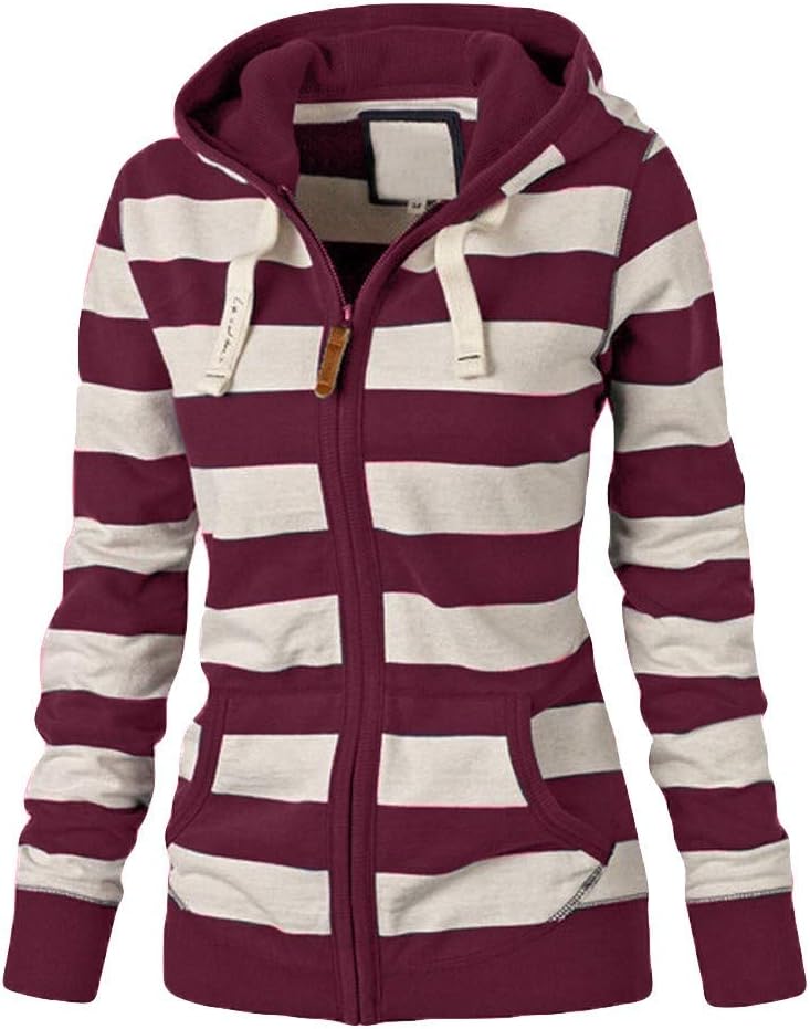 TOTOD Women Hoodie Sweatshirt Stripe Zipper Pockets Tops Hooded Coat Jacket Ladies Casual Slim Jumper