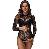 JustVH Women's Sheer Lace Maternity Bodysuit for Photoshoot Long Sleeve Turtleneck Floral Pregnancy Tops Jumpsuit