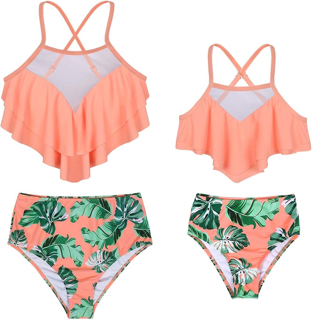 HenzWorld Family Matching Swimwear Mother Daughter Bikinis Sets Retro Ruffle Tops High Waisted