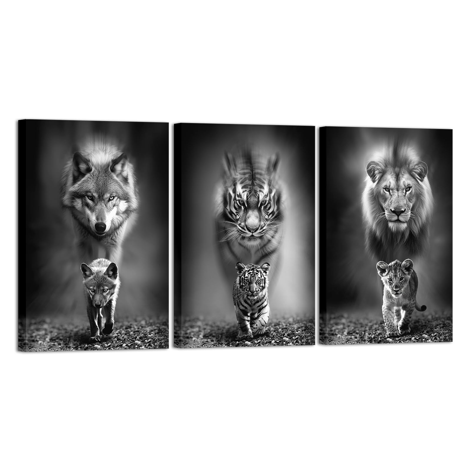 Photo 1 of KLVOS Black and White Animal Wall Art Wolf Lion Tiger Parent-child Poster Paintings Canvas 3 Panels Cool Painting Wildlife Artwork Framed Modern Home Office Men Bedroom Decor