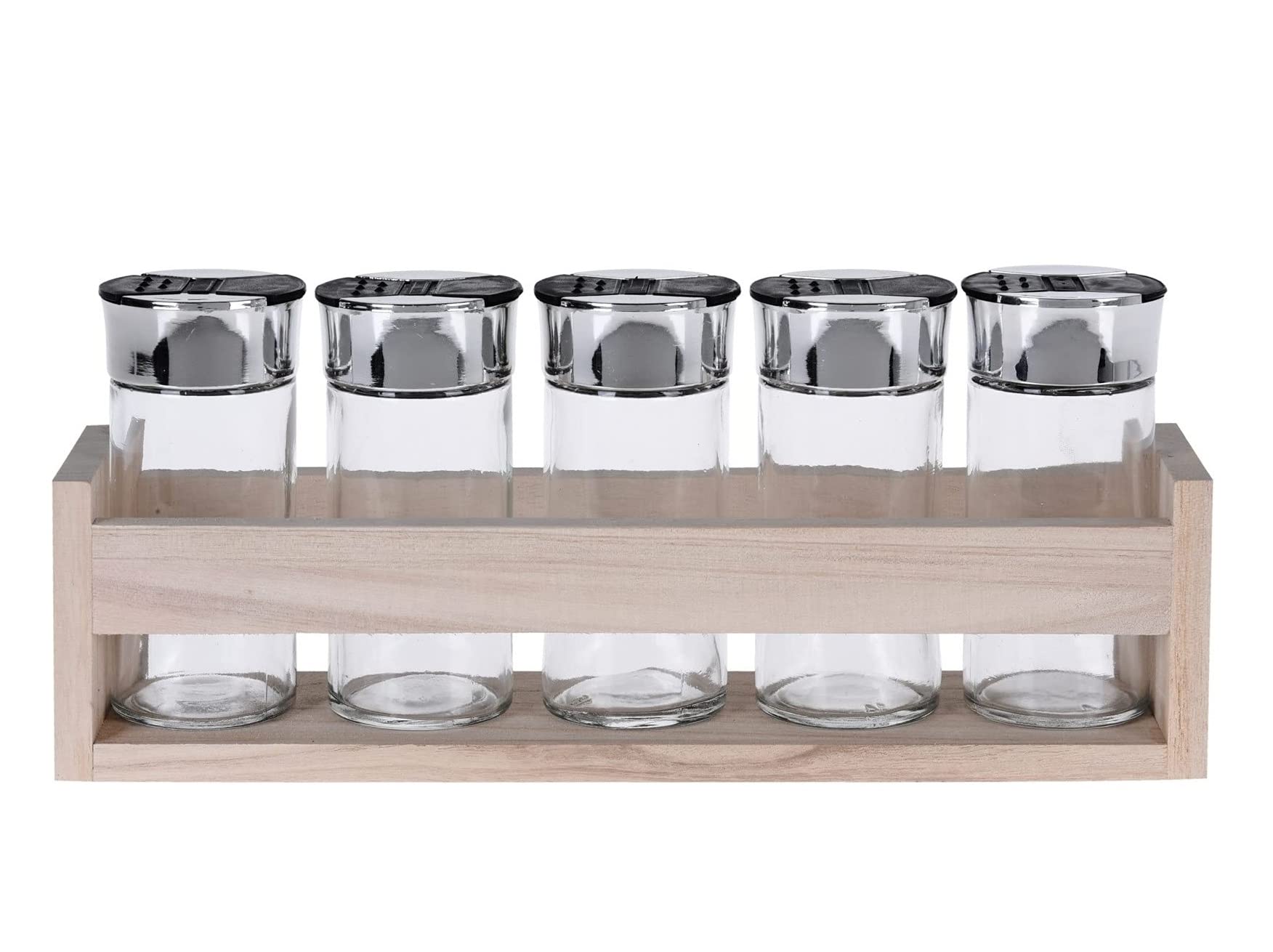 BARGAIN4ALL Spice Jars with Lids– 5 Commercial Grade 100 ml Spices Glass Jar Bottles with Air-Tight Lids – Wall Mount Wooden Rack – for Kitchen and Table Organization