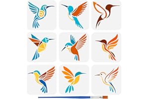 FINGERINSPIRE 9 PCS Hummingbird Stencils for Painting with Brush 5.9x5.9inch Reusable Bird Silhouette Template Hollowed Hummingbird Pattern Stencil Plastic PET Animal Theme Template for Decoration