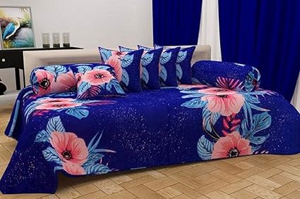 Diwan Set 8 Pieces Blue Color Abstract Design with 1 Single bedsheet, 5 Cushion Covers & 2 Bolster Covers