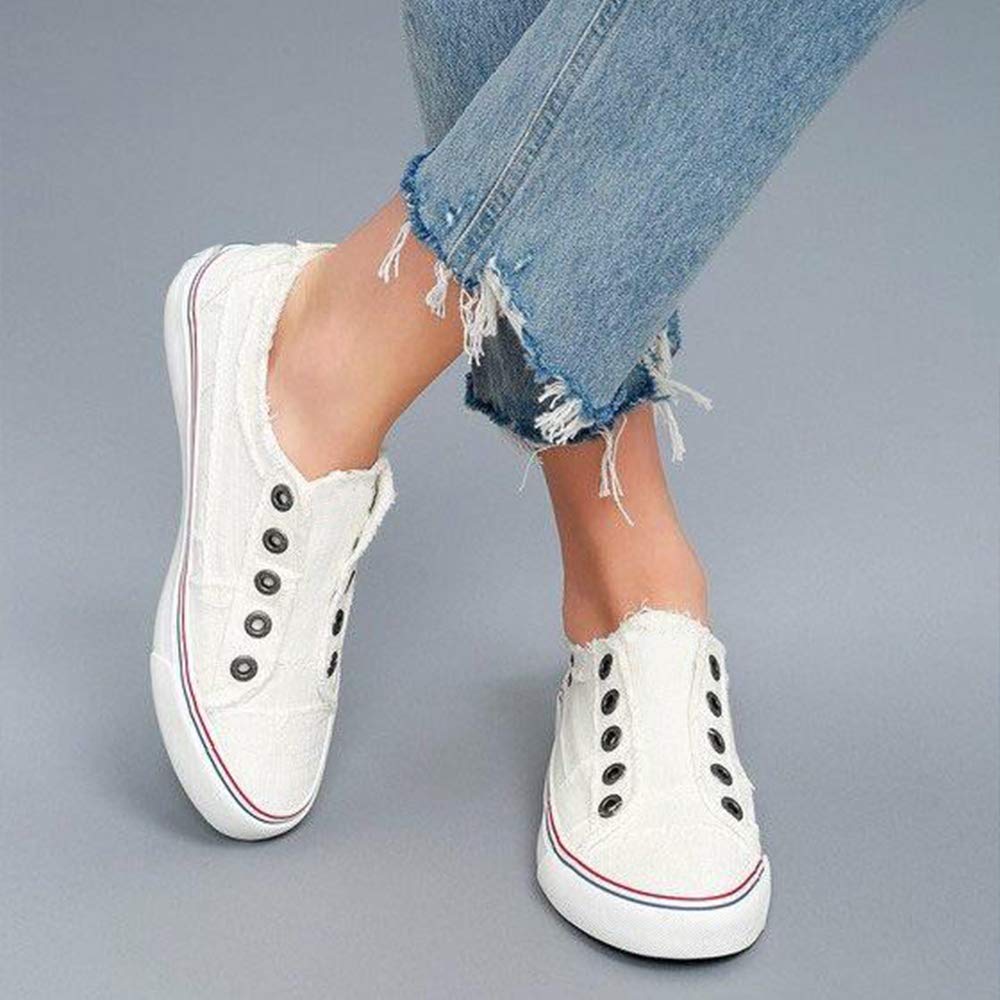 FIRENGOLI Saralove Women\'s Fashion Sneakers Slip On Distressed Canvas Shoes Walking Flats Comfort Sneakers Shoes (5 UK,White Canvas)