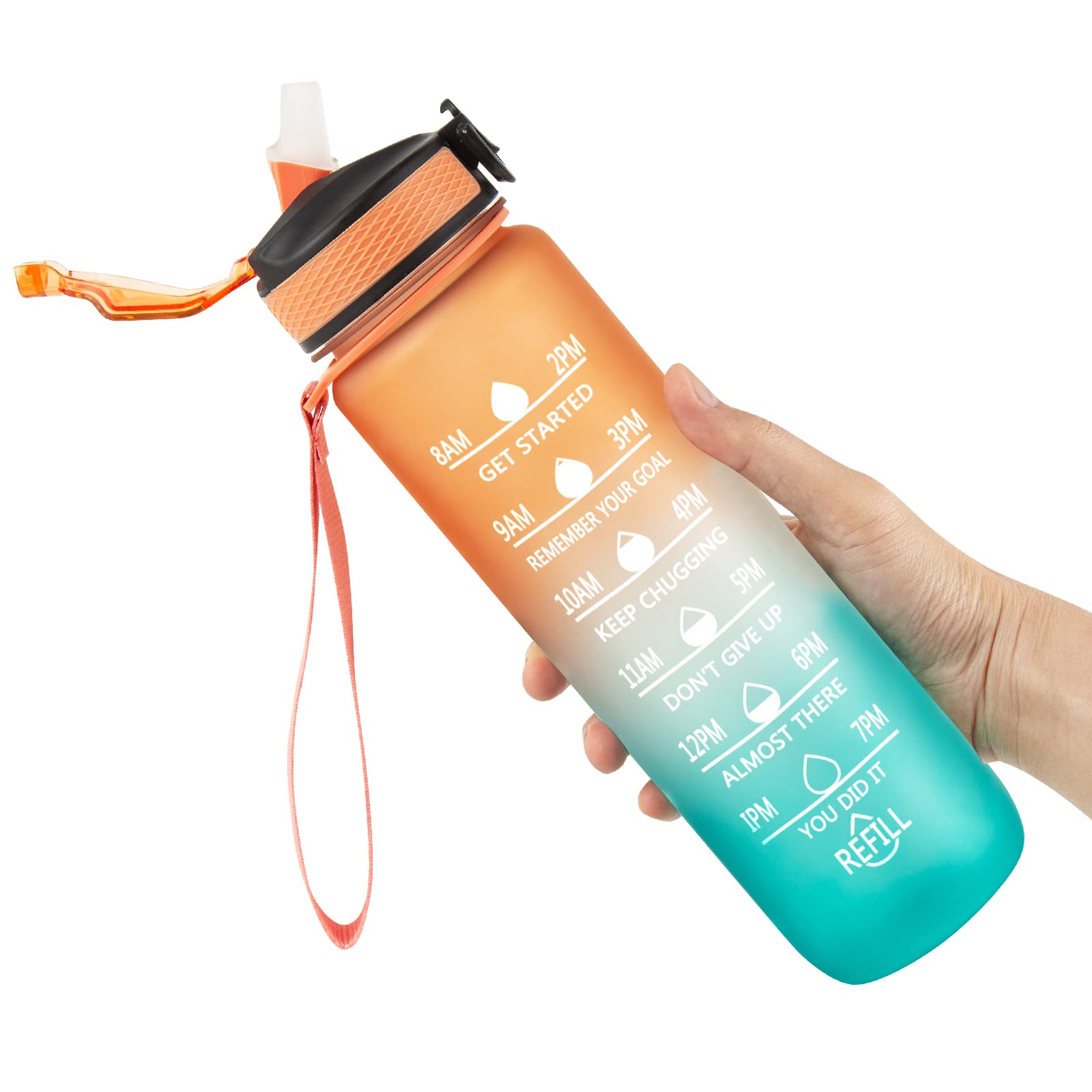 Fazzng Sports Motivational Water Bottle 1 Litre,Time Markings and With Straws Motivational Bottles, Lock Cover Leakproof Drink Bottle,Reusable & BPA Free Water Jug