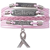 WANDIC 1 Set October Cancer Pink Ribbon Bracelet, Breast Cancer Awareness Lobster Buckle Bracelet with Metal Ribbon Pendant Survivor Gift for Women