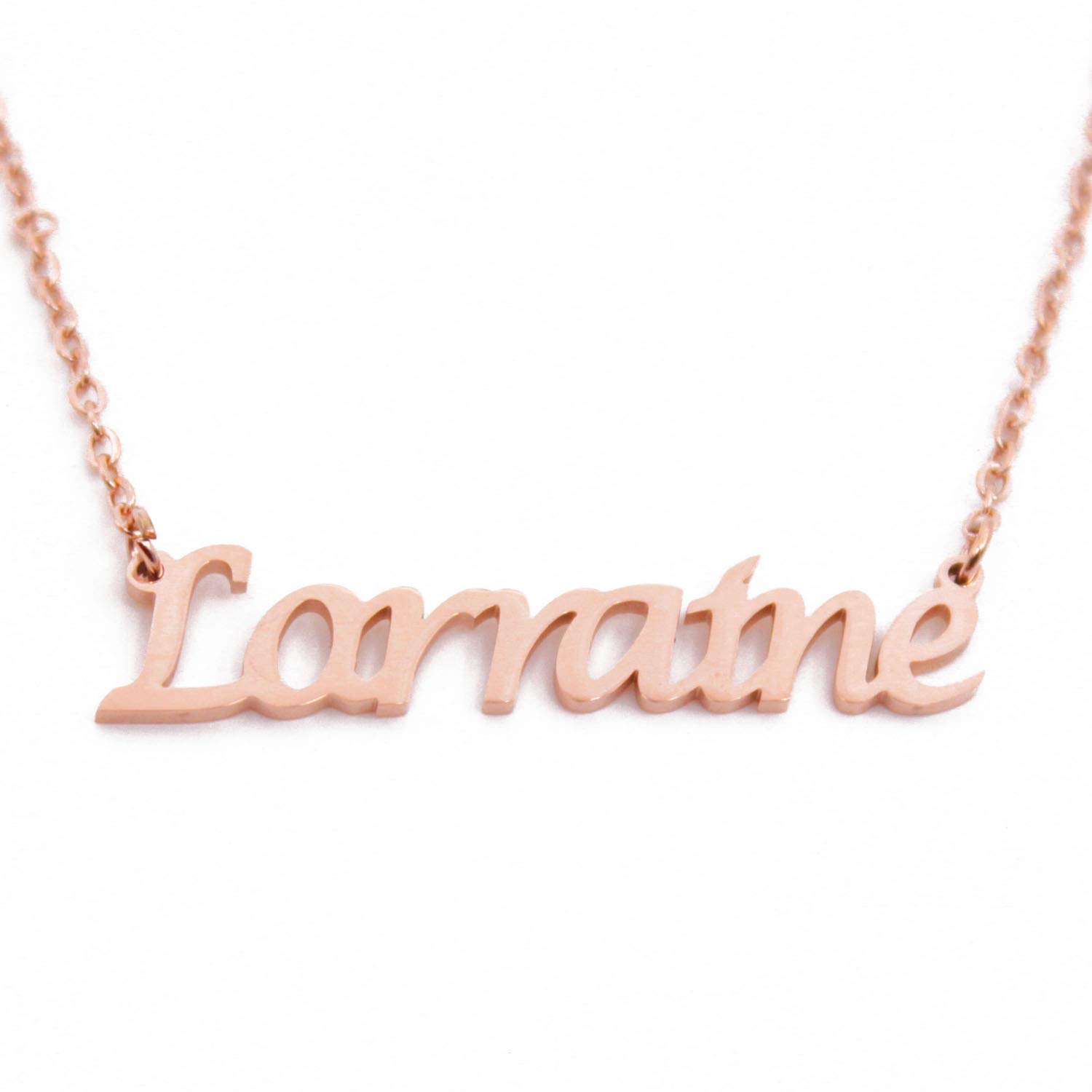 Kigu Lorraine Name Necklace Personalised 18ct Rose Gold Plated, Custom Dainty Name Pendants, Jewellery for Ladies, Girlfriend, Mother, Sister, Friends Inc Bag & Box