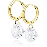 10MM Crystal Dangle Hoop Earrings for Women 14K Gold Plated Small Huggie Hoops with CZ Diamond Dainty Drop Ear Jewelry [ER-CY]