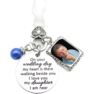 Handmade Wedding Bouquet Charm with Photo Frame Something Blue | Handmade, Memorial Keepsake, Engraved Sentiment, Heart Clasp