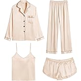 SWOMOG Women's Silky Satin Pajamas Long Sleeve Sleepwear 4 Pcs Loungewear