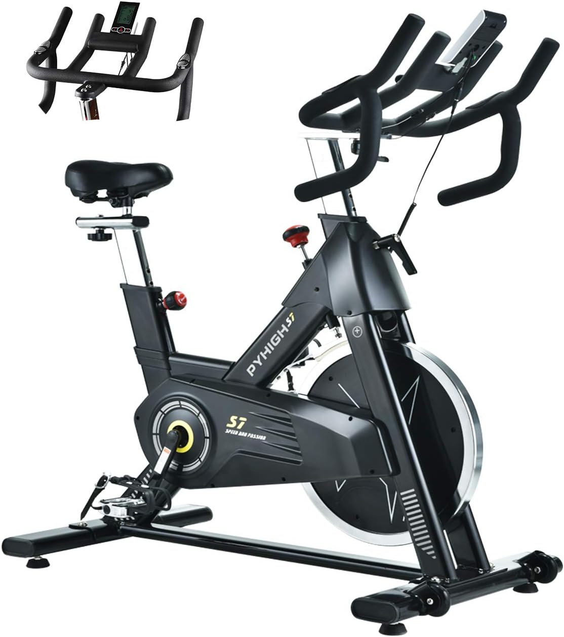 PYHIGH Indoor Cycling Bike-48lbs Flywheel Belt Drive Stationary Bicycle Exercise Bikes with LCD Monitor for Home Cardio Workout Bike Training- Black (Black)