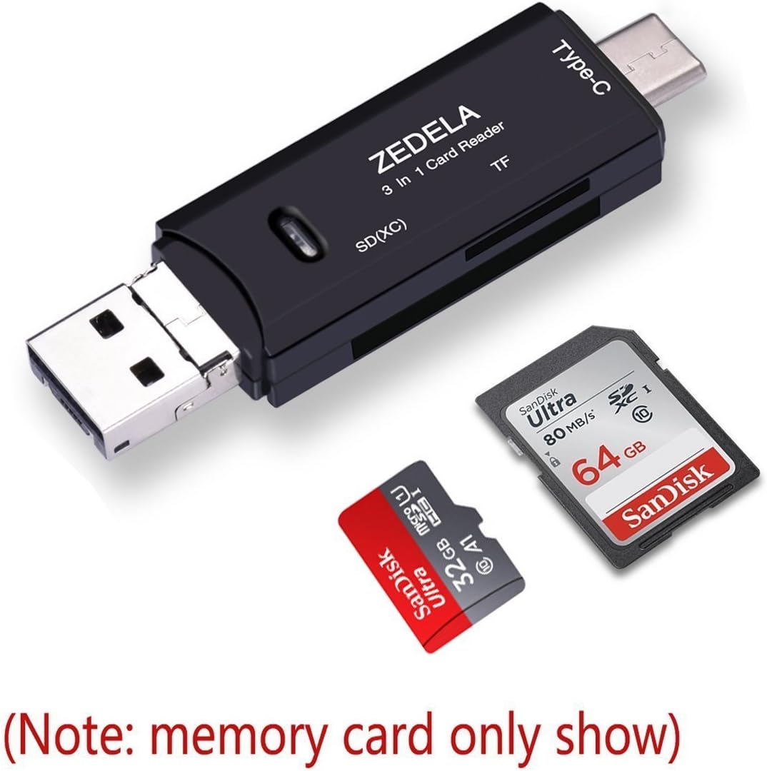SD Micro SDTF Card Reader with Adapter 3-in-1 for USB-C/USB-A/Micro-USB Port,TF/SD Card Reader with OTG for Macbook Windows Computer Google Tablet Android Cell Phone-001