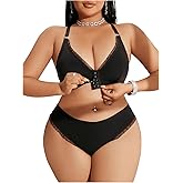 SOLY HUX Women's Plus Size Leopard Print Lingerie Set Sexy Lace Sheer Front Closed Bra and Panty 2 Piece Sets