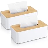 Teenyyou 2 Pcs Tissue Box Cover Rectangle Plastic Holder Wood Lid, White | 5 x 9 Inch, Modern Organizer for Bathroom Countertop, Bedroom Dresser, Kitchen, Office Desk, Wood Grain Top Plate