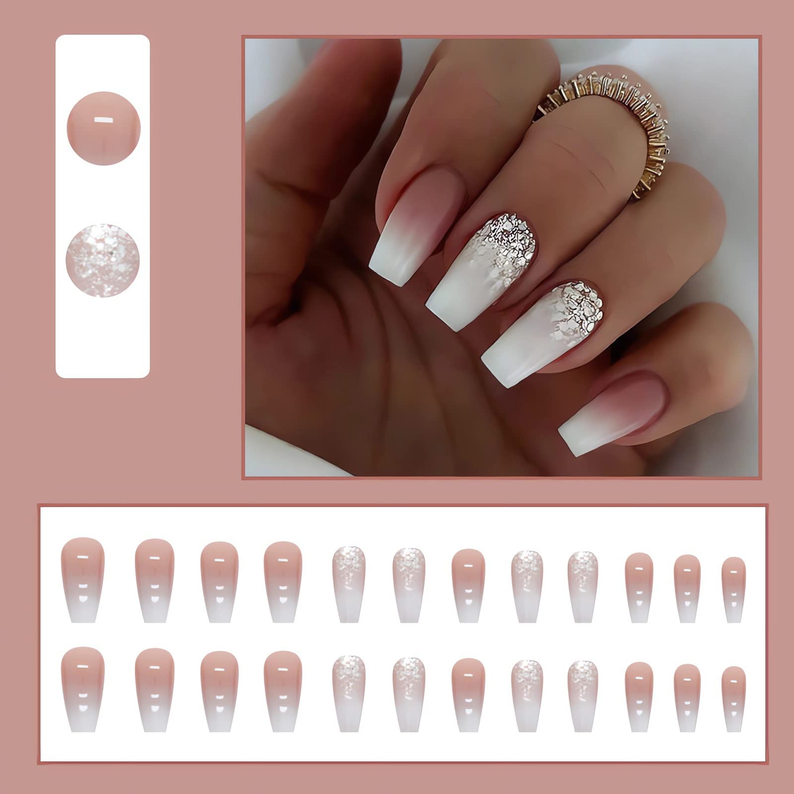 IMSOHOT Long Coffin Press on Nails Pink White Gradient Fake Nails Glitter Ballerina False Nails Glossy Full Cover Acrylic Nails Glue on Nails for Women 24pcs - Image 4