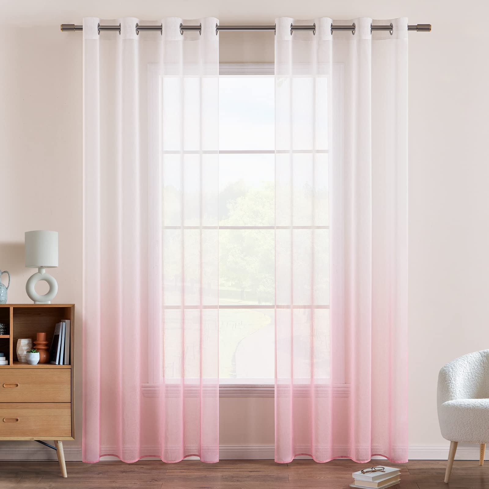 EMEMA Transparent Curtains, Voile Sheer Curtain with Eyelets, Colour Gradient, Decorative Curtain, Window Curtain for Bedroom and Living Room, 260 cm x 140 cm (H x W), Set of 2, White Pink