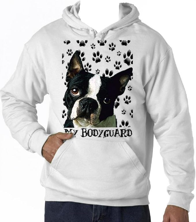 Teesquare1st Men's BOSTON TERRIER MY BODYGUARD White Hoodie Amazon.de Bekleidung